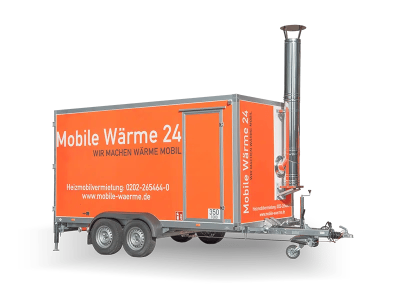 Eine orangene mobile Heizzentrale der Firma MobileWärme24