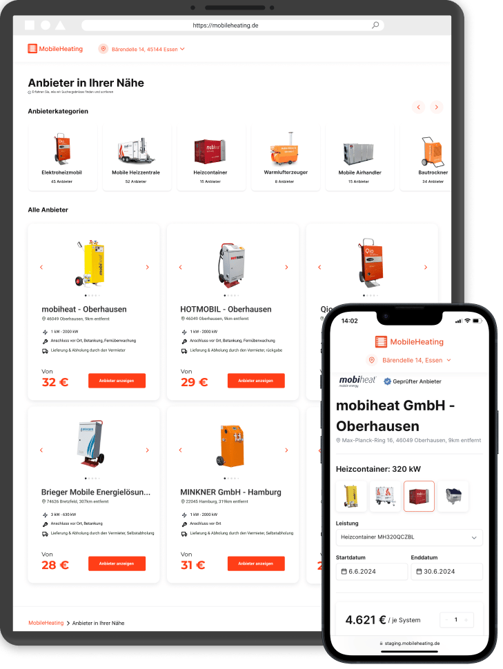 MobileHeating web page on devices